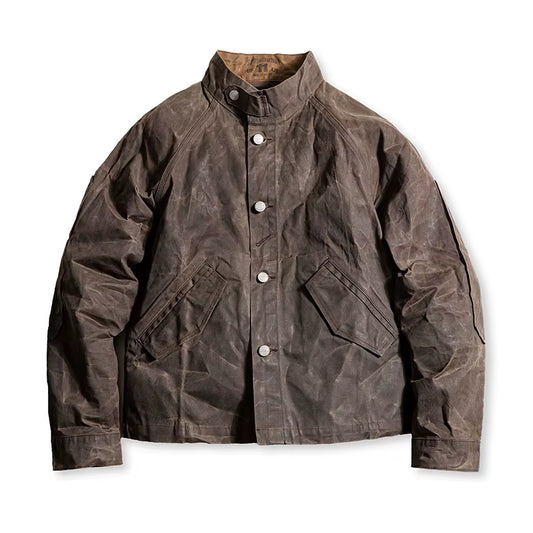 Vintage Stand Collar Oil Waxed Jacket Ⅲ Version for Men'S Waterproof Canvas Solid Color Classic Hunting Coat for Autumn